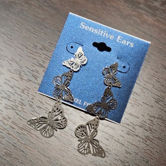 Sensitive Ears Delicate Silver-Tone Mixed Metal Butterfly Chain Dangle Earrings - Picture 3 of 7